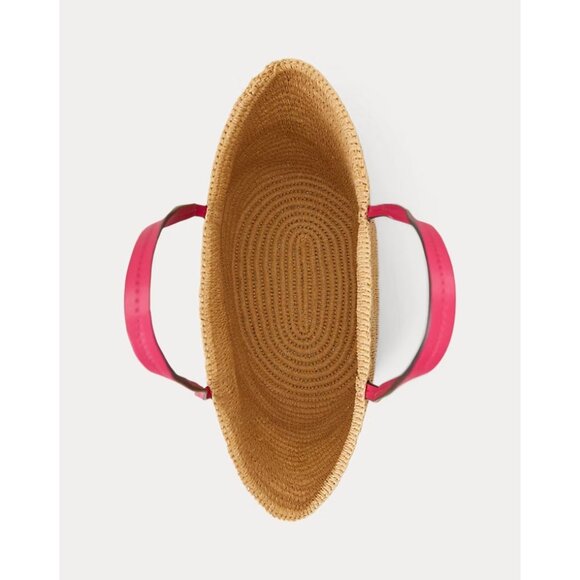 Lauren Ralph Lauren Natural Sport Pink Brie Leather Trim Straw Totebag Handbag - Picture 4 of 6